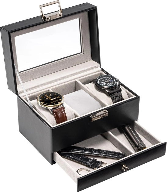 Cassa orologio con 3 compartimenti, cassa orologio con coperchio in vetro, cassa orologio con cuscini orologio rimovibili, cassa orologio - nero