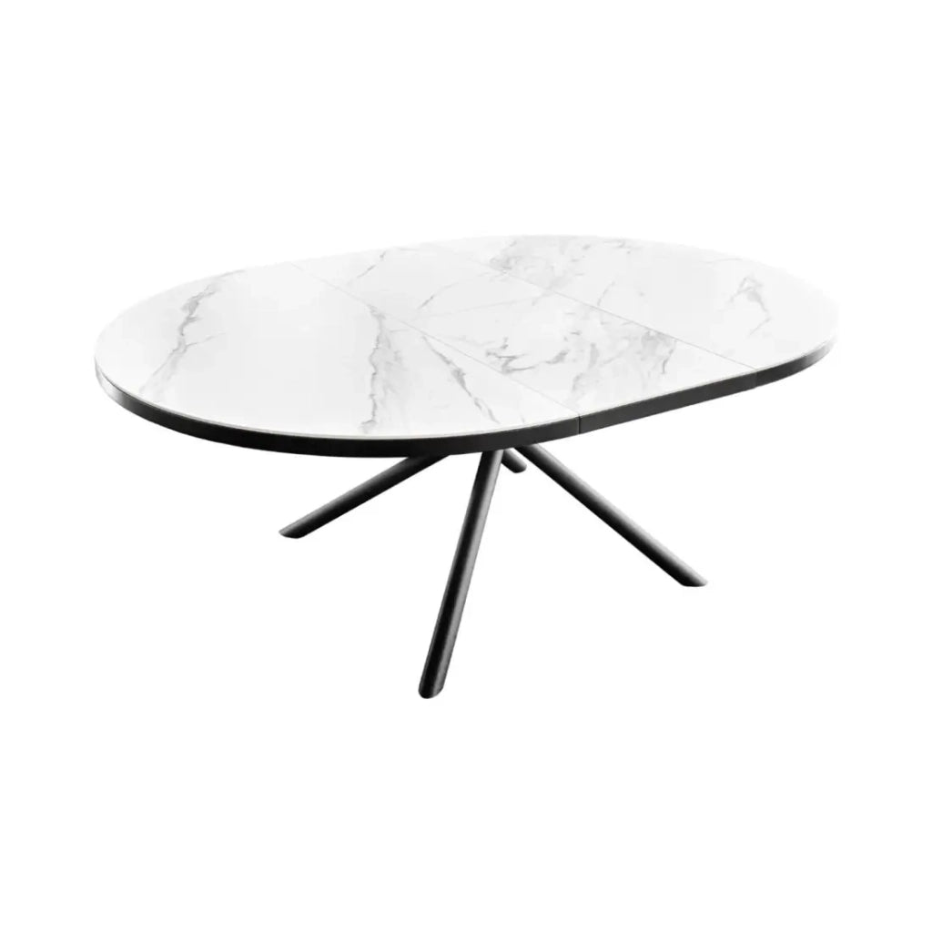 Tavolo da pranzo rotondo allungabile OPHIRA 120-160 cm – Ceramica effetto marmo bianco e metallo nero