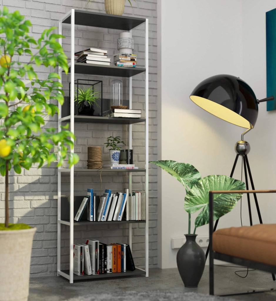 Scaffale stilo loft con ripiani in legno 60 cm Bianca 60 cm inserto frontale Grigio 60x32x192 cm