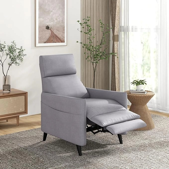 Poltrona Reclinabile, Poltrona in Tessuto di Lino con Schienale e Poggiapiedi Regolabili, Sedile Morbido Imbottito, 2 Tasche, per Soggiorno Camera da Letto, Carico 120 kg (Grigio chiaro)