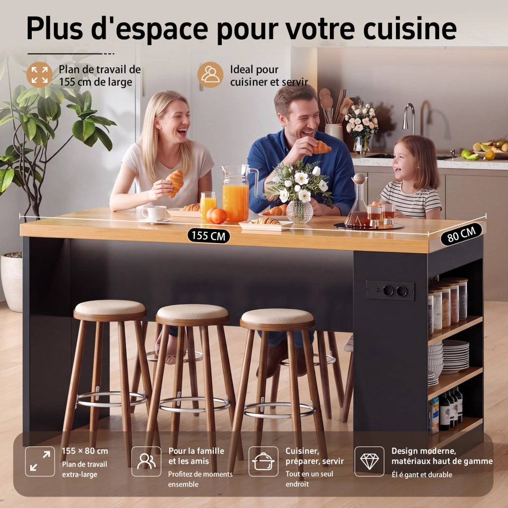 Isola da cucina con 3 vani aperti; LED; prese e porte USB per cucina e sala da pranzo; 155 × 80 × 90 cm