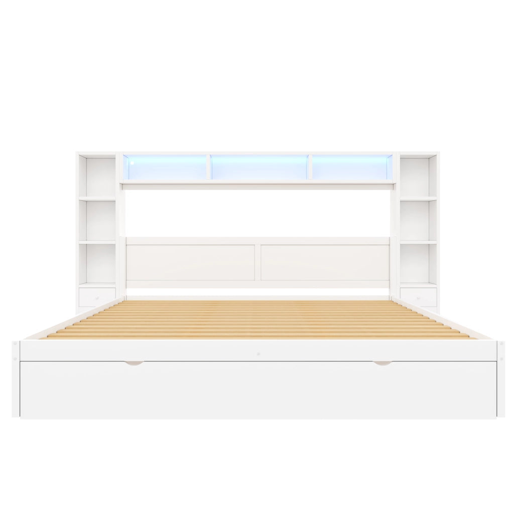 Letto contenitore 180x200 cm con testiera libreria; 7 cassetti e LED; bianco