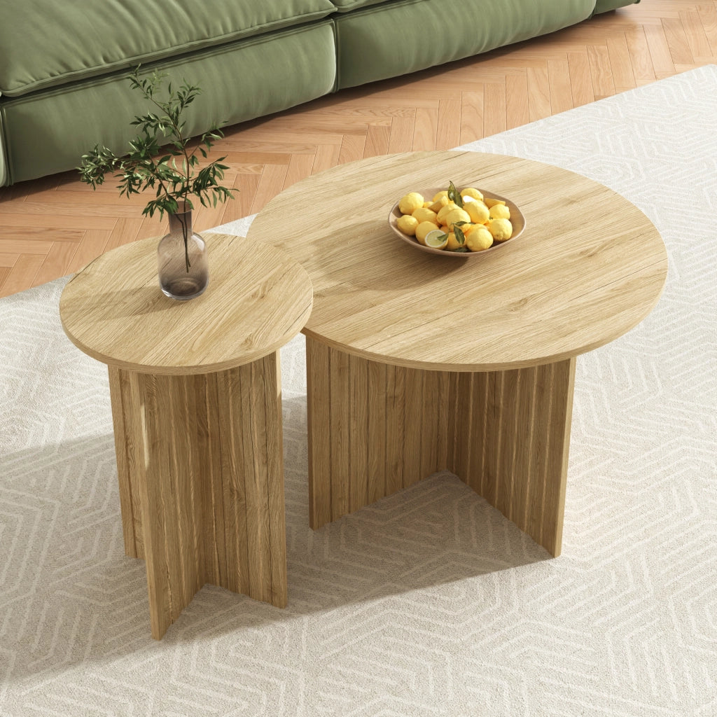 Tavolini da Salotto Rotondi Impilabili; Design Salvaspazio per Soggiorno; MDF e Pannelli di Particelle; Naturale