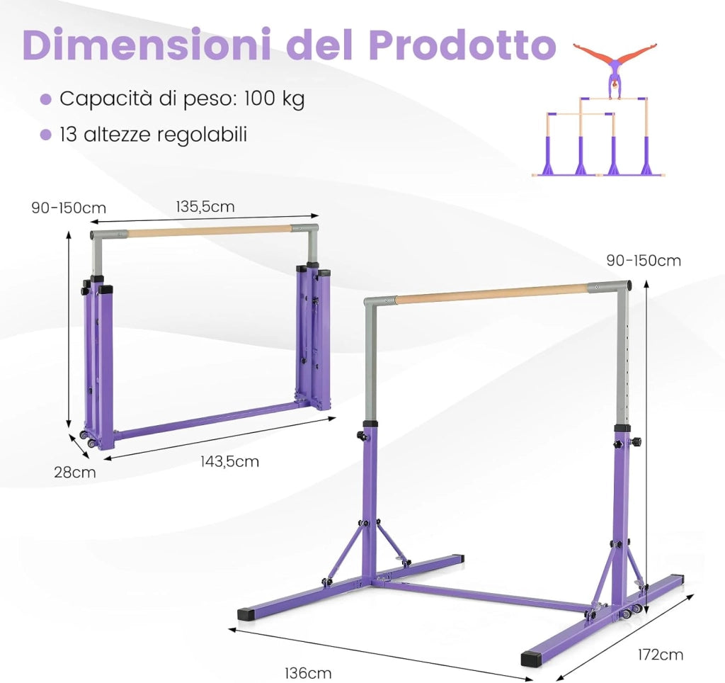 Barra per Ginnastica e Danza per Bambini e Bambine Pieghevole e Portatile, Sbarra Parallela in Metallo e Legno con 13 Altezze Regolabili, Ruote e Cuscinetti Antiscivolo, Portata 100 kg