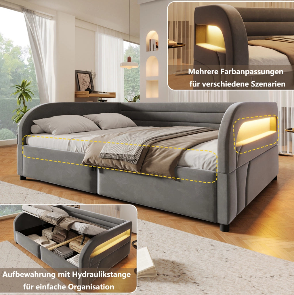 Letto imbottito 140x200 cm con contenitore idraulico e LED