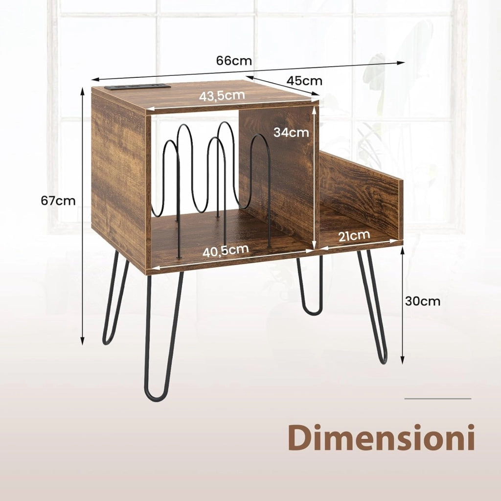 Supporto per Giradischi con Presa di Corrente, Espositore per Dischi con Presa di Corrente e Porta USB, capacità Fino a 145 Album, per Soggiorno e Camera da Letto, 66 x 45 x 67 cm (Marrone)