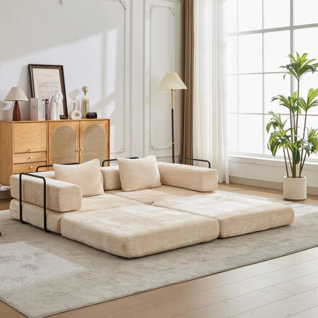 Divano compatto, divano letto pieghevole, moduli senza struttura, tessuto chenille, beige