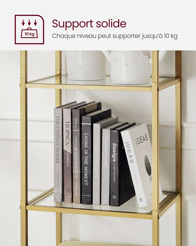 Libreria in vetro temperato a 5 ripiani 30,2 x 40 x 183,5 cm ripiano portaoggetti ad arco struttura in metallo per soggiorno camera da letto ufficio bagno 12_0004200