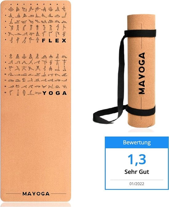 Yogamat in Kurk con Cinturino Extra, con Esercizi di Yoga e Stretching, Vincitore Test 01/2022 con la Nota 1,3, Mat di Yoga in Kurk Perfetto con 6 mm di Spessore, 183 x 61 x 0,6 cm