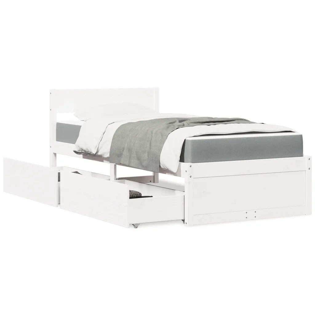 Letto Cassetti e Materasso Bianco 100x200cm Legno Massello Pino