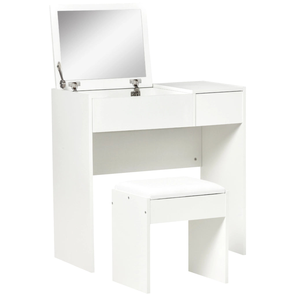 Cassettiera Trucco con Specchio Richiudibile e Sgabello ¨C zephmum ¨C MDF Bianco, 80x40x79 cm