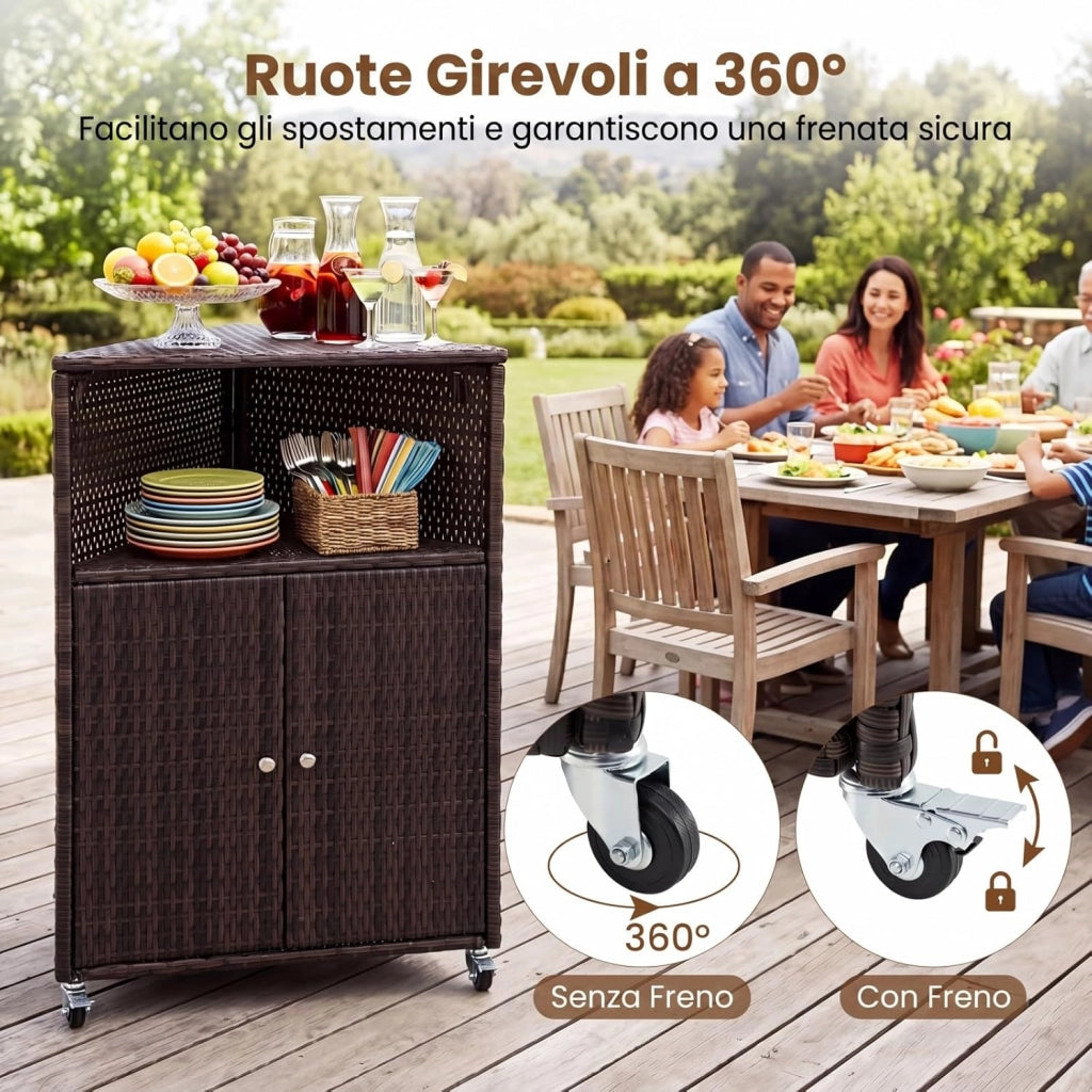 Armadietto da Esterno Angolare, Armadio da Esterno in Rattan PE con Ruote Bloccabili, 2 Ripiani Aperti e 2 Ante, Credenza da Cucina per Giardino, Piscina e Terrazza, 66 x 47 x 111 cm