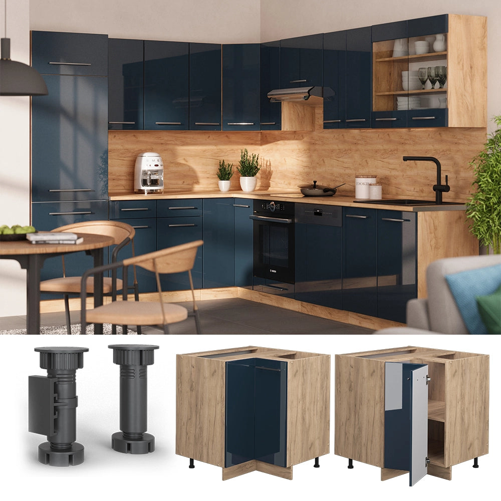 Mobile ad angolo cucina Fame-Line Blu scuro lucido/Rovere dorato 80.5 cm, PL Rovere Vicco