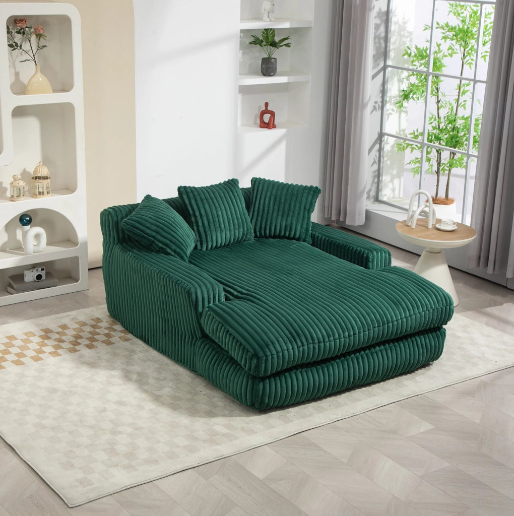 Chaise longue in velluto a coste verde smeraldo con 3 cuscini; 125 x 155 x 63 cm