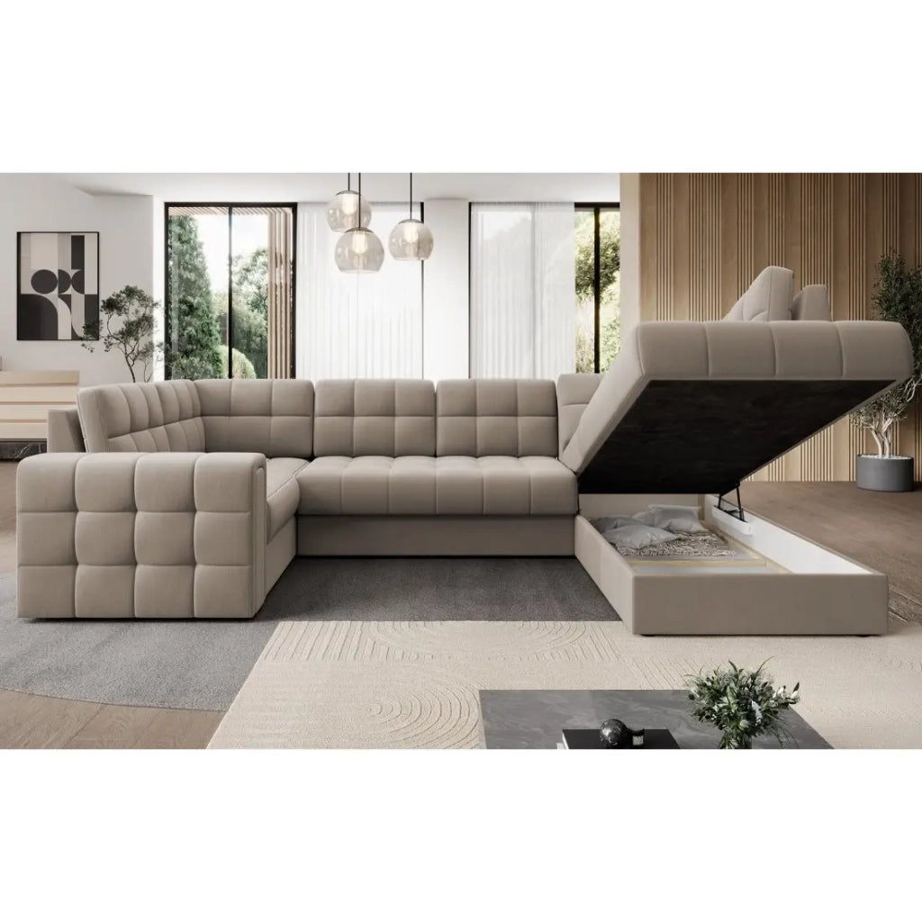 Divano ad angolo trasformabile MONTEZA beige 299 cm con vano contenitore e letto