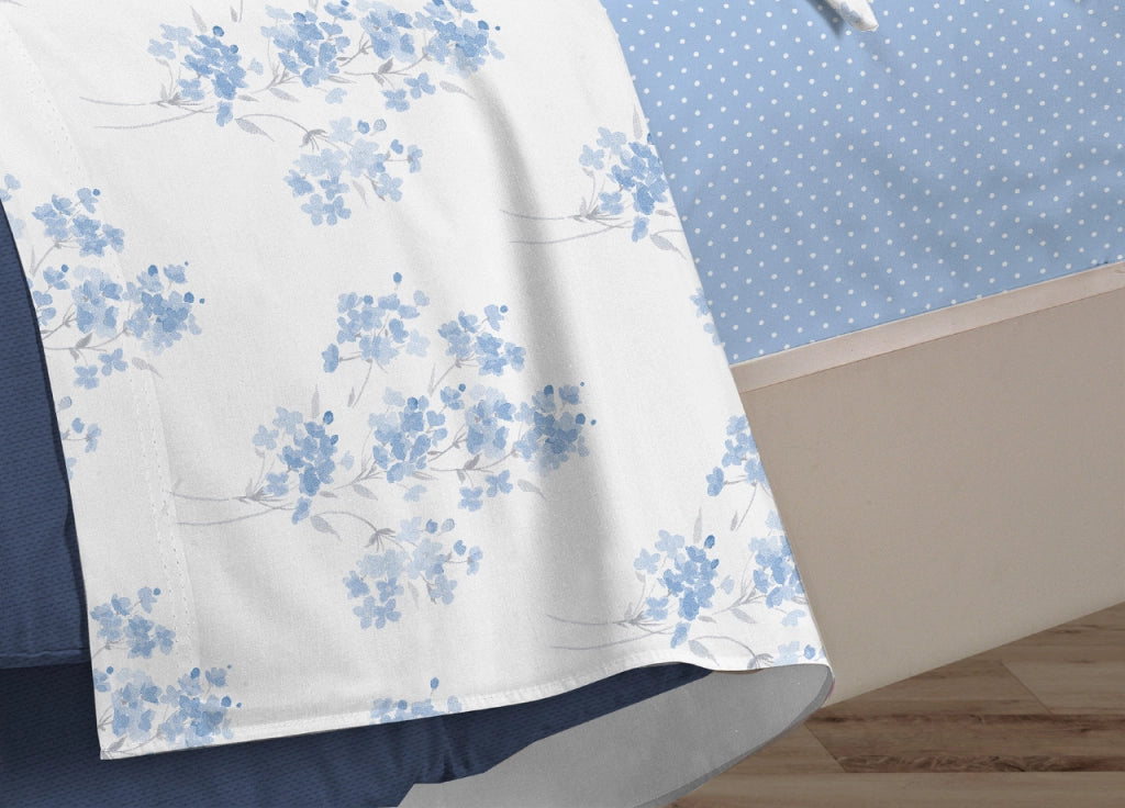 Completo Lenzuola Letto 100% Cotone Made Italy 3027 Disegno Primavera - Piazza E Mezza - Azzurro