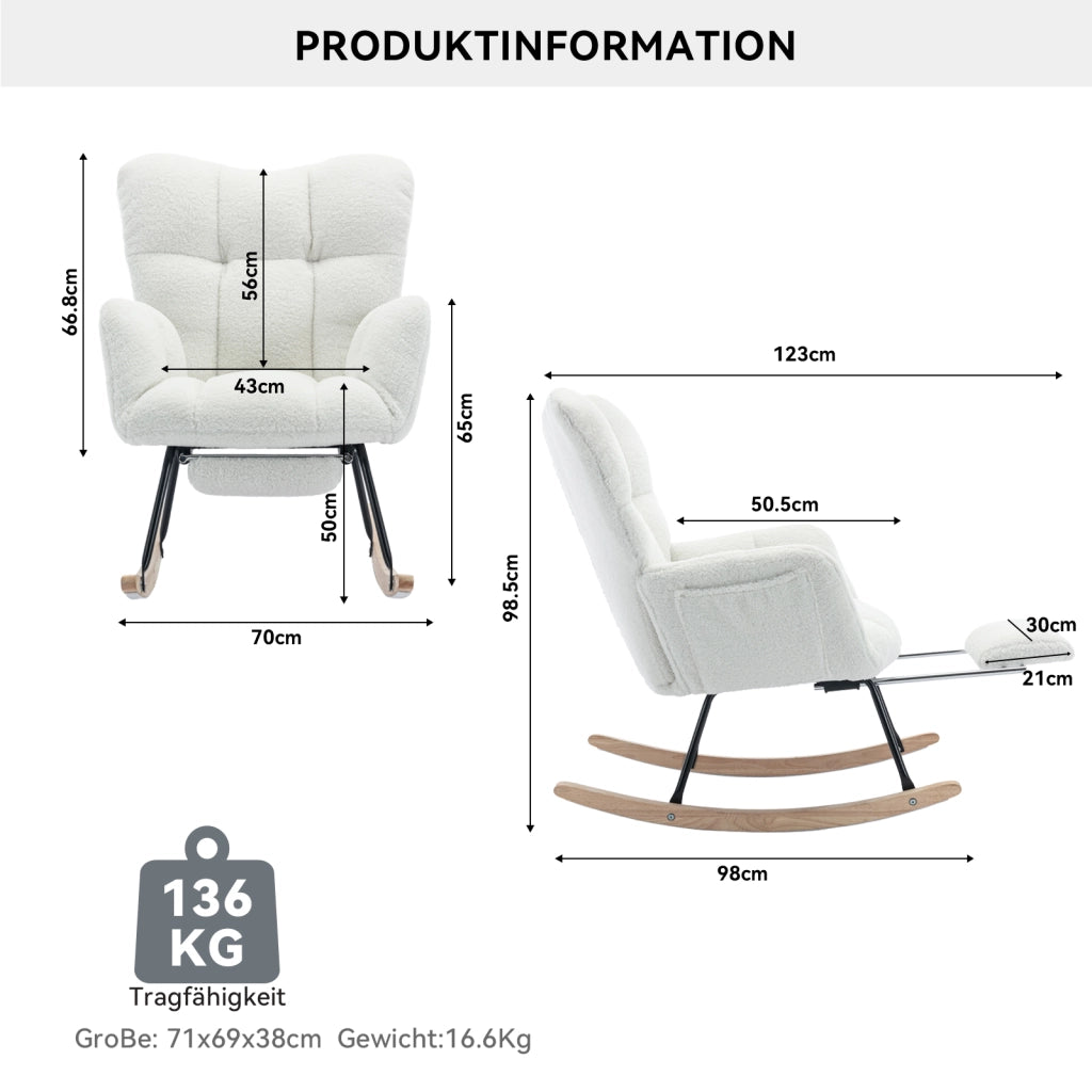 OKWISH Poltrona a Dondolo con Poggiapiedi Pieghevole, Schienale Alto Ergonomico e Braccioli Imbottiti, Teddy, Bianco