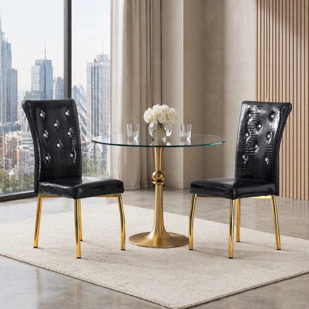 Sedia da pranzo set da 2 con Seduta imbottita, Gambe in metallo, Piedini regolabili, PVC Nero e Oro