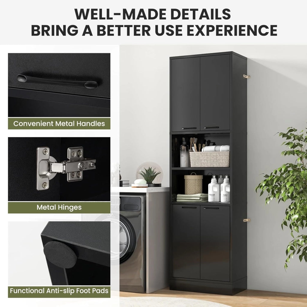 Credenza da Cucina Alta 190 cm con 4 Ante, 2 Scomparti Aperti e 6 Ripiani, 4 Kit Antiribaltamento, Armadio Portaoggetti per Cucina e Bagno