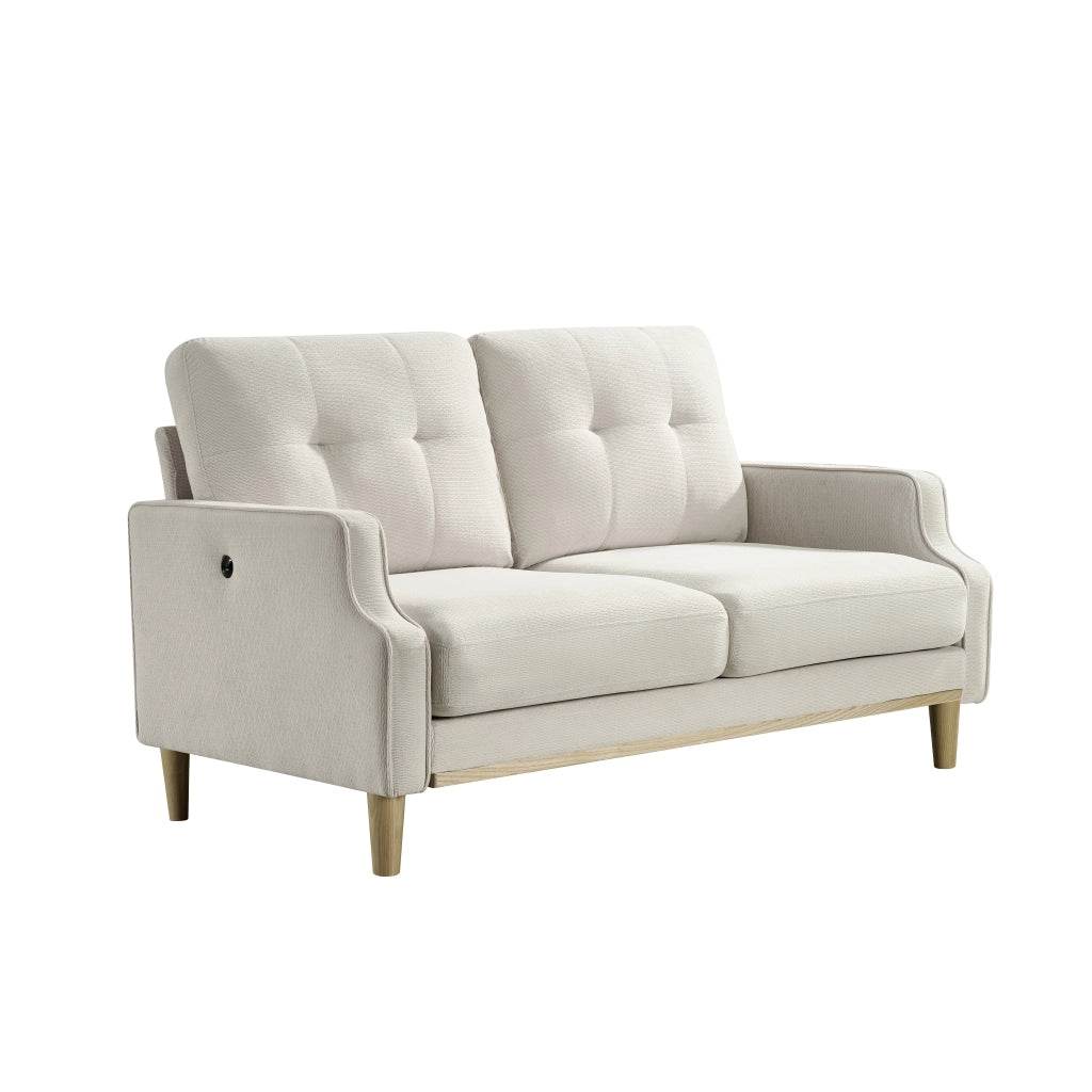 Divano 2 Posti con Porta USB e Braccioli dal Design, in Legno e Tessuto Beige 135 × 72 × 85 cm