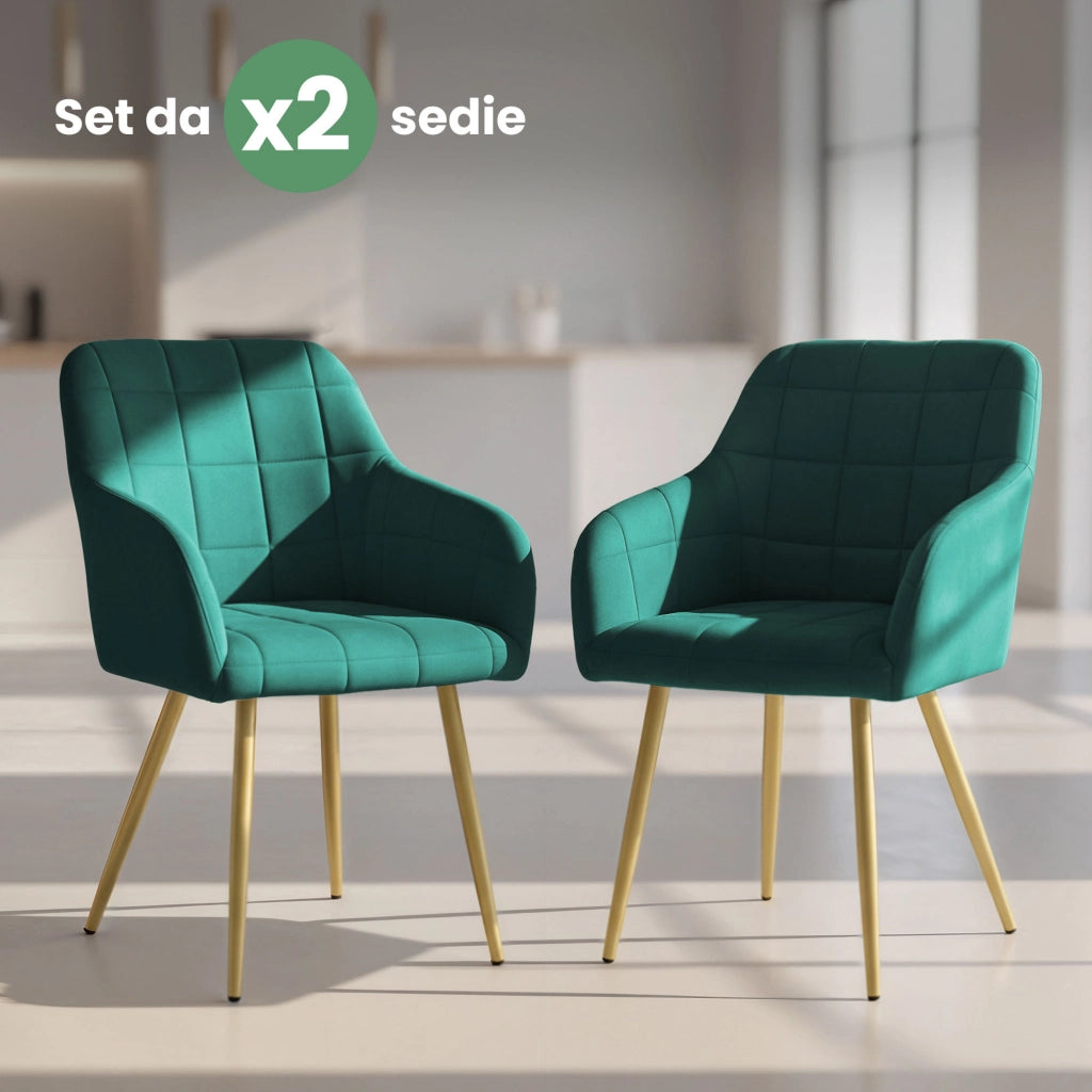 Set di 2 Sedie imbottite con cuciture quadrate LUXANO Verde Bottiglia gambe oro
