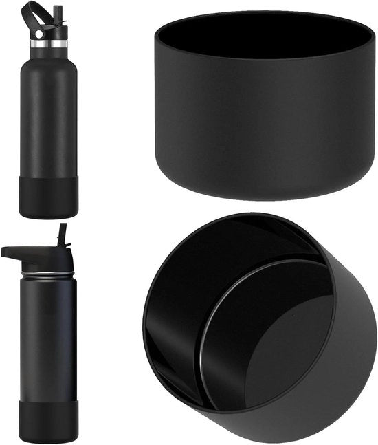 Flessenholder universale per bottiglia acqua - compatibile con bottiglie a bocca ampia e normale - copertura silicone in fondo - nero - 2 pezzi