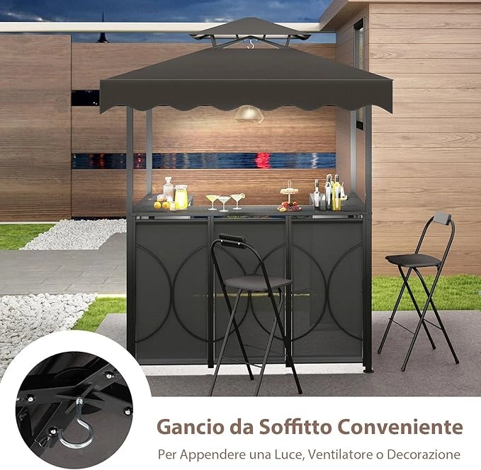 Gazebo per Barbecue, Pergola per BBQ con Tavolo Bar e 2 Sgabelli Bar Pieghevoli, Ripiani di Stoccaggio in Metallo, per Giardino e Cortile, 193 x 117 x 240 cm (Grigio)