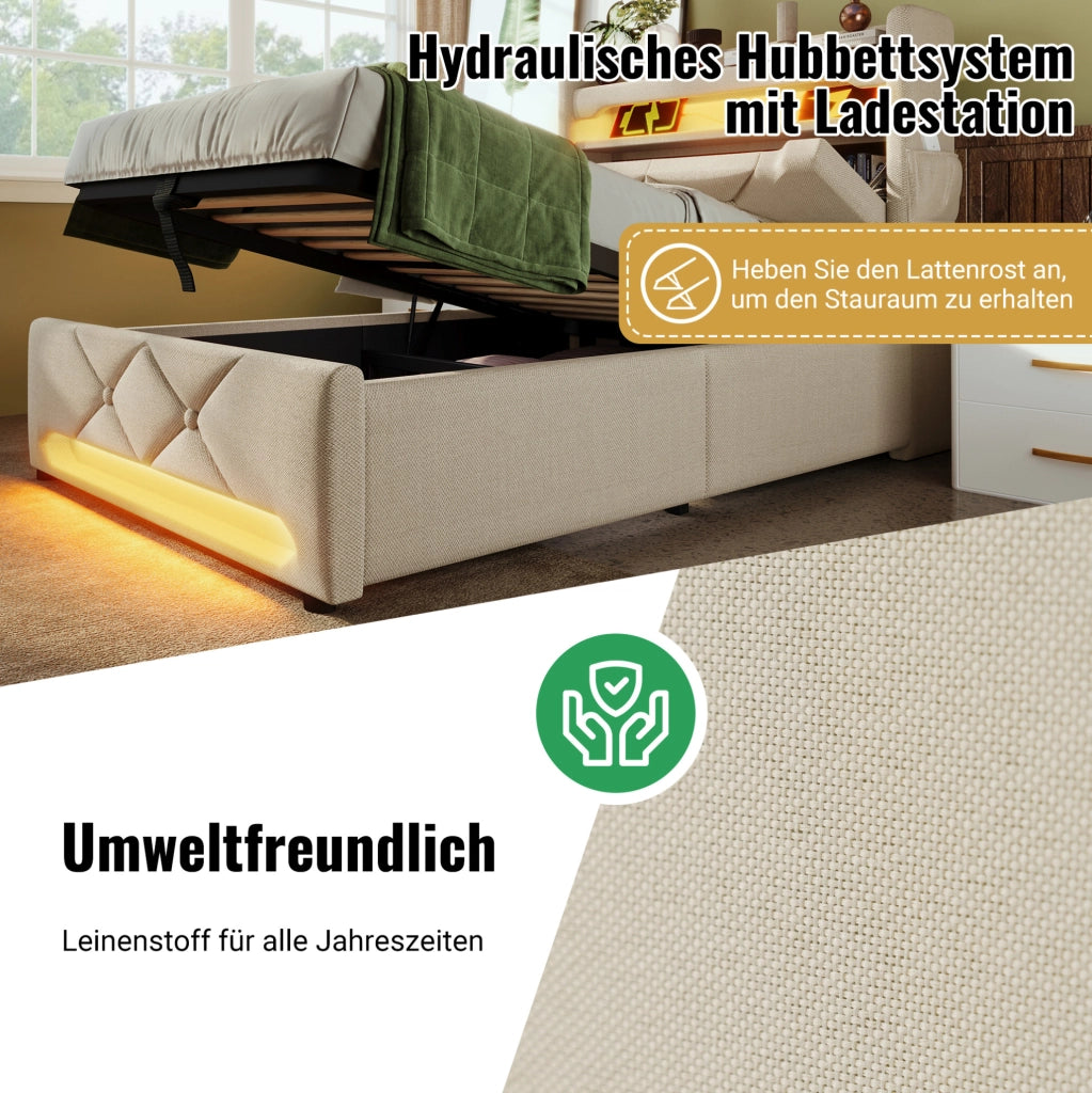 Letto matrimoniale 140x190 cm con contenitore idraulico; LED 360° e ricarica USB/Type-C; beige