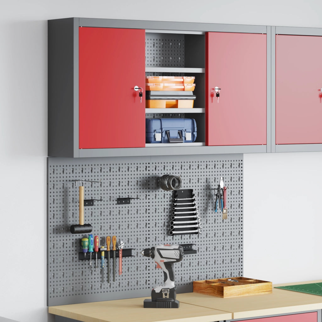 Set da Muro con Mobile per Attrezzi e Pannello Utensili a 3 Pezzi  Rosso Metallico