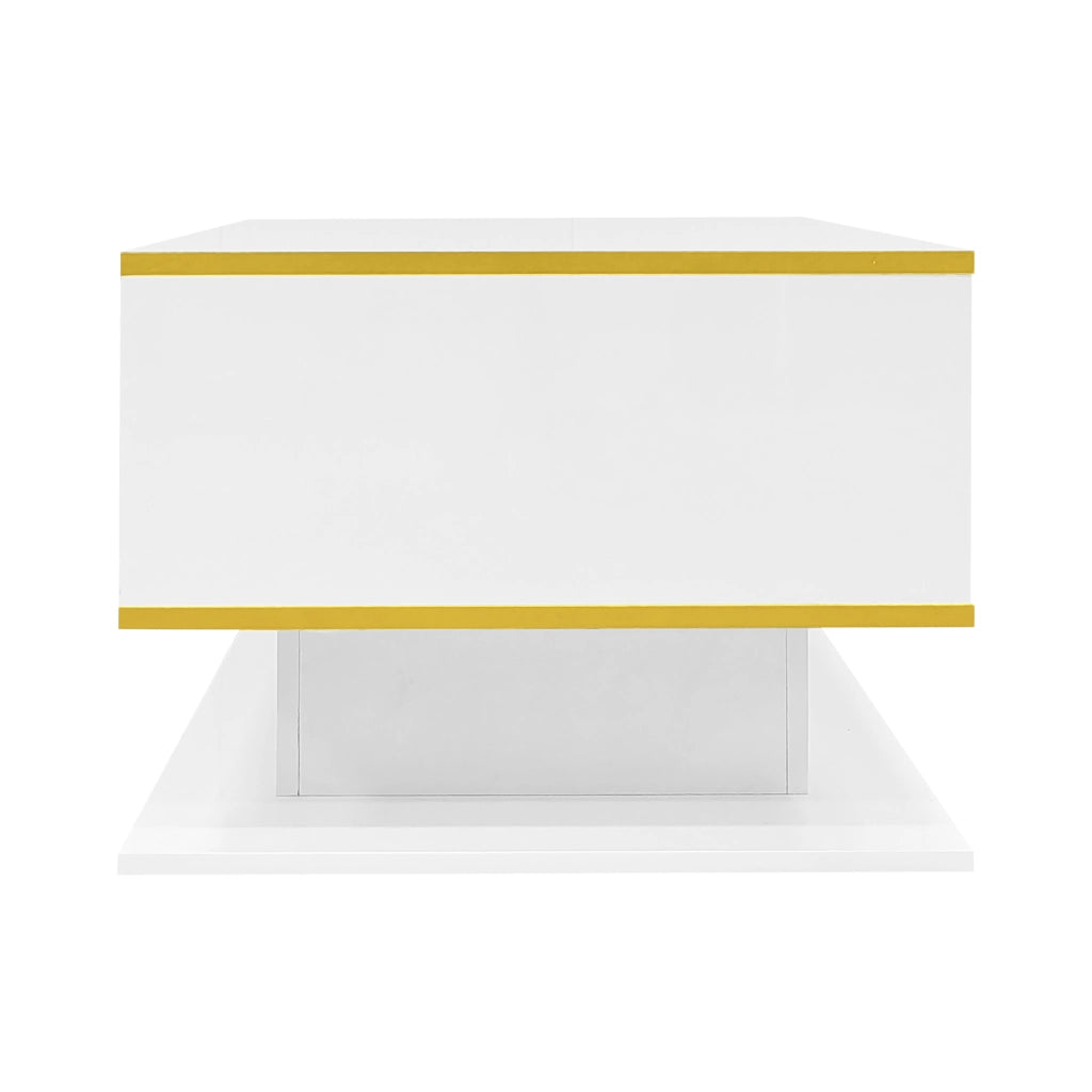 TAVOLINO DA CAFFÈ 100x50x40 cm Bianco lucido Oro con LED e 3 cassetti
