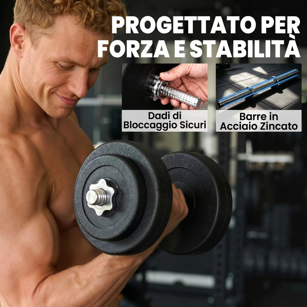 Set 12 Manubri Palestra da 50kg (8x5kg. 4x1.5kg). in Acciaio e Plastica PE. Nero