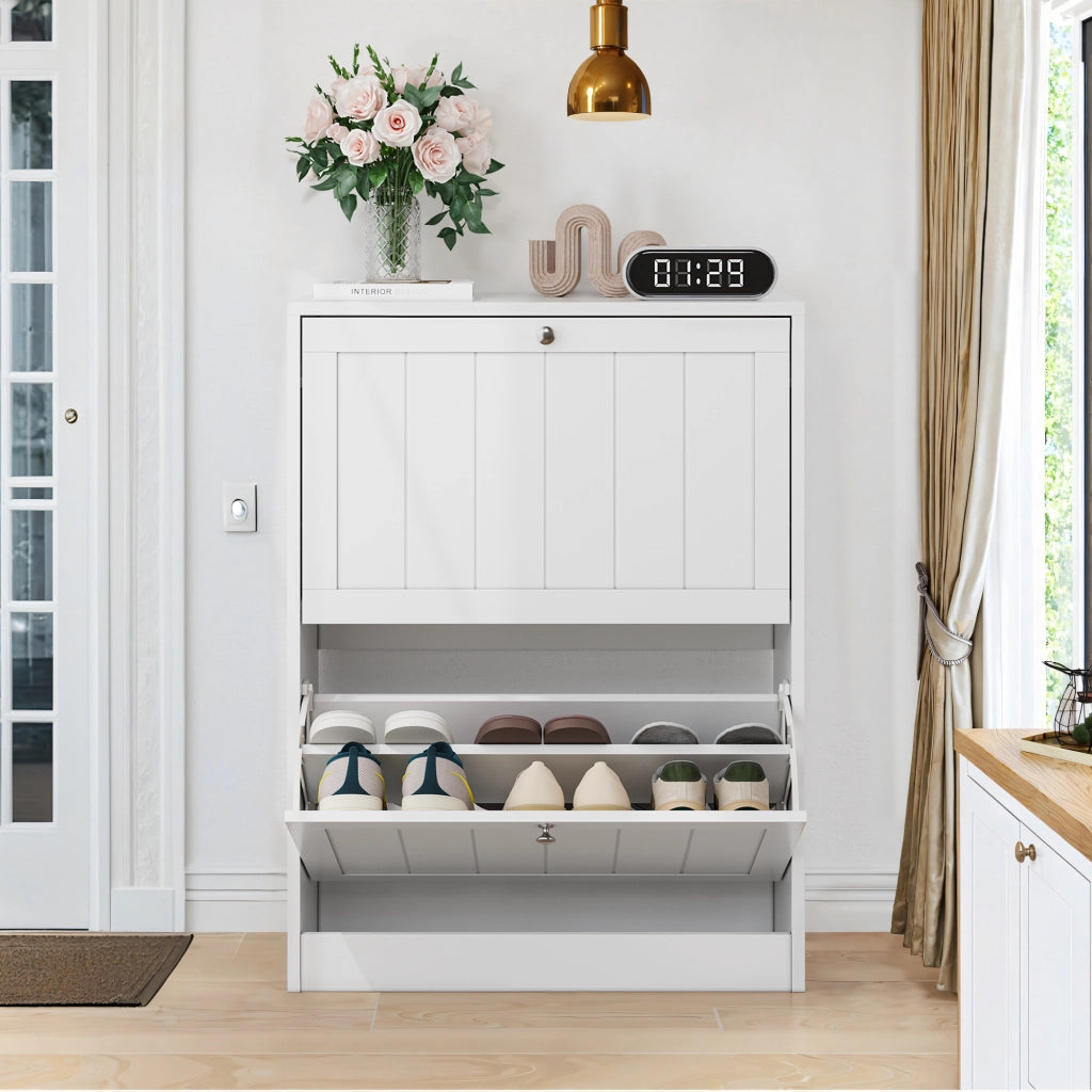 Armadio per scarpe a scomparsa - Zephmum- 60 cm - Bianco - 2 cassetti ribaltabili, stile Mid-Century Modern