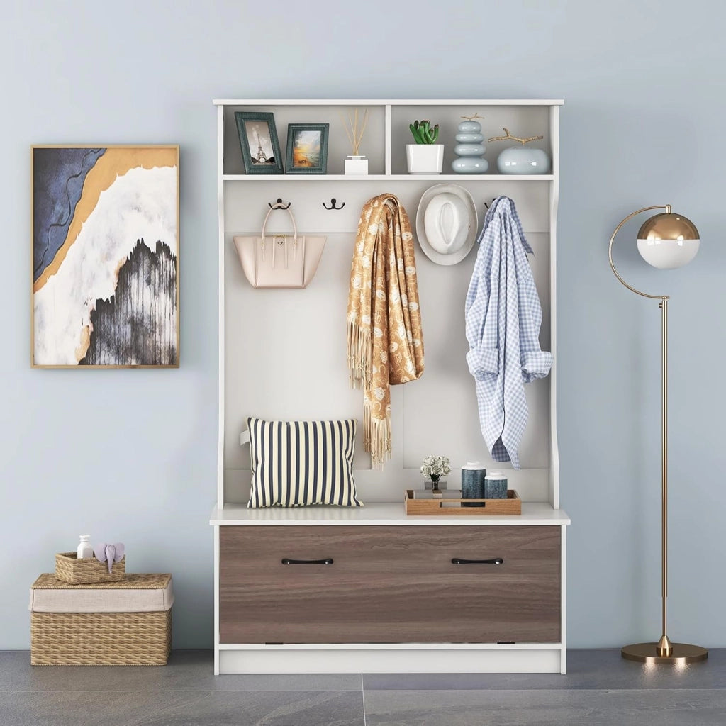 Armadio con Appendiabiti Multifunzionale, con Panca 5 Ganci Doppi, Organizzatore di Casa Indipendente per Ingresso Camera da Letto, 100x39x160 cm (Bianco)