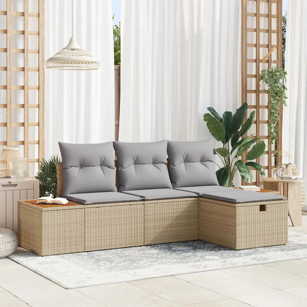 Set Divano da Giardino con cuscino 4 pz | Set Salotto da Giardino Beige polyrattan