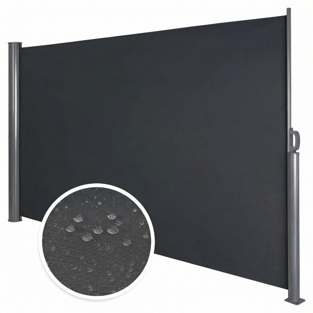 Tenda laterale 300x180H cm. Separè frangivento con sistema di riavvolgimento automatico. Telaio in Alluminio. Colore Grigio antracite.