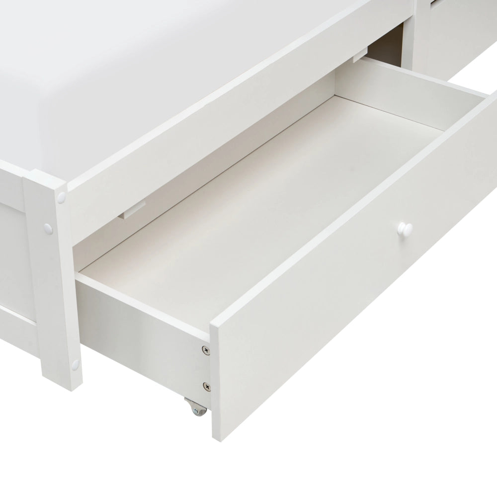 Letto matrimoniale in legno di pino MDF minimalista con contenitore 4 cassetti e ripiani testiera in bouclé bianco con rete 180 x 200 cm
