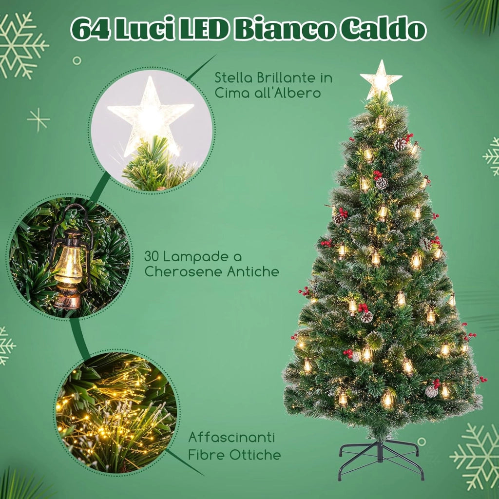 Albero di Natale 180CM, Albero di Natale con 64 Luci LED, Fibre Ottiche, 8 Modalità di Illuminazione e 220 Rami, Ago di Pino, Pigne, Bacche Rosse e Lampade a Paraffina (180 CM)
