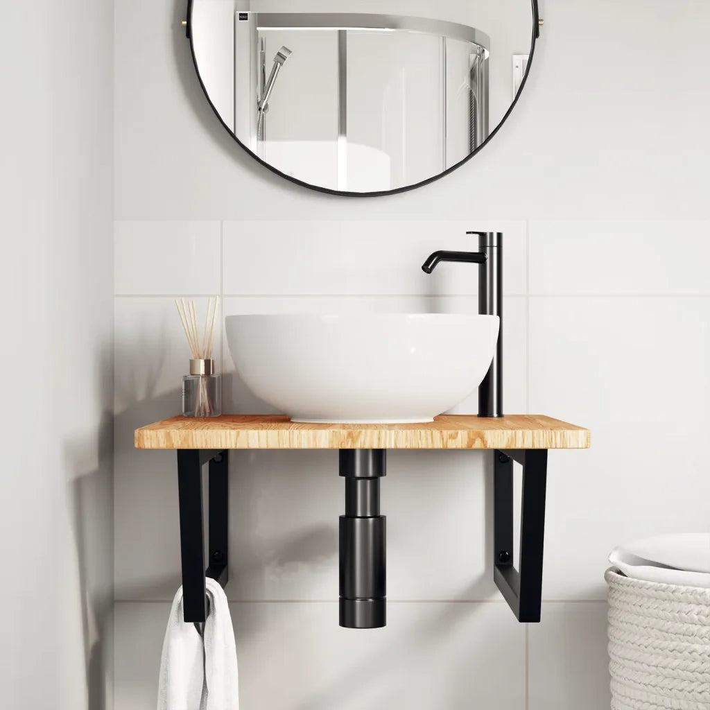 Ripiano a Parete per Lavabo in Acciaio e Massello di Rovere