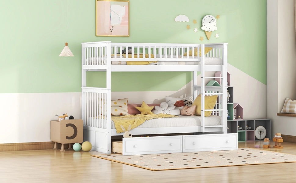 LETTO A CASTELLO 90x200 cm In Legno di Pino Bianco Con 2 Cassetti