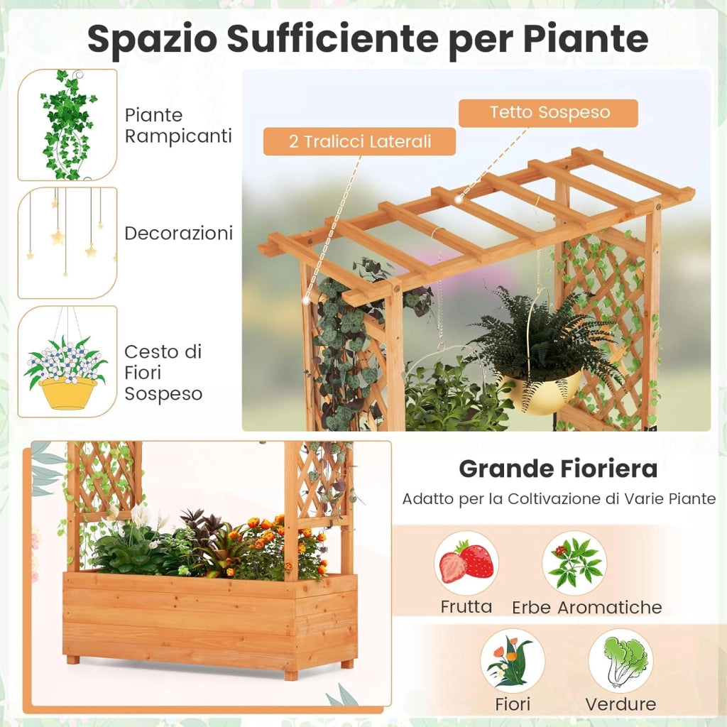 Aiuola Rialzata con Traliccio, Pergolato e Fori di Drenaggio, Fioriera Elevata da Esterno in Legno per Piante Rampicanti, Vite e Fiore,110 x 44 x 182 cm (Arancione)