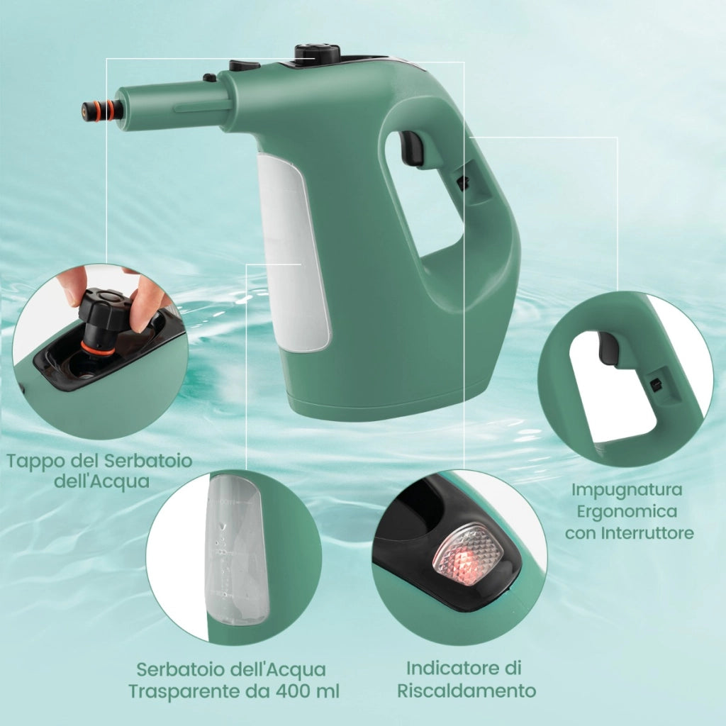 Pulitore a vapore portatile da 1500w con vapore continuo serbatoio d'acqua da 400ml, Pulitore a vapore pressurizzato Verde-Elettrodomestici pulizia