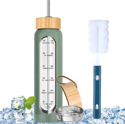Fiasco di plastica trasparente 1 litro con coperchio doppio e tappo in bambù - bottiglia d'acqua non rotta con marcature orarie - verde.