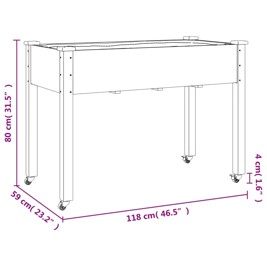 Portafioriera aiuola rialzata piante fiori terrazza giardino su ruote con rivestimento 118 x 59 x 80 cm legno di abete marrone 02_0038726