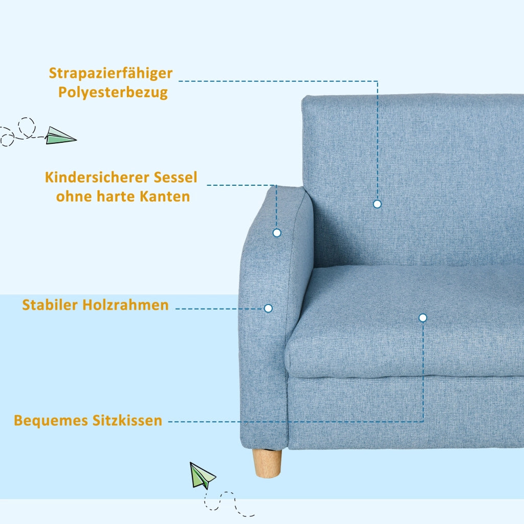 Poltroncina Bambini con Tessuto Effetto Lino ¨C Xylo ¨C Piedi Legno Massello, Imbottitura Schiuma, 49x45x44cm, 3-5 Anni, Blu
