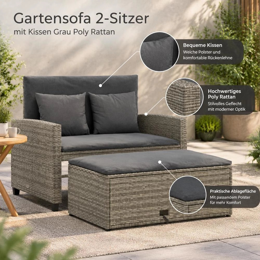 2-seater Garden Sofa With Cushions, Grey Poly Rattan