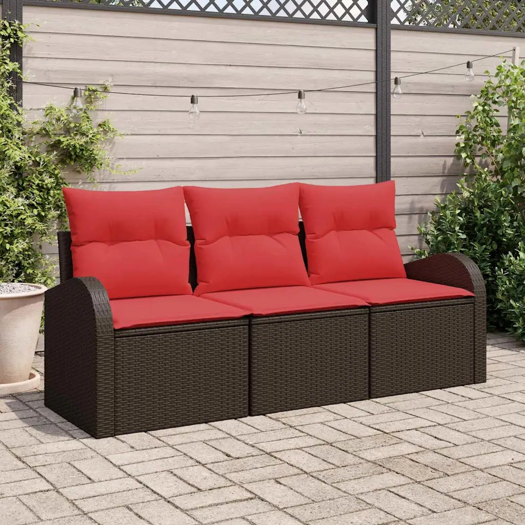 Set Divano da Giardino 3 pz | Set Salotto da Giardino Marrone e rosso Poly Rattan