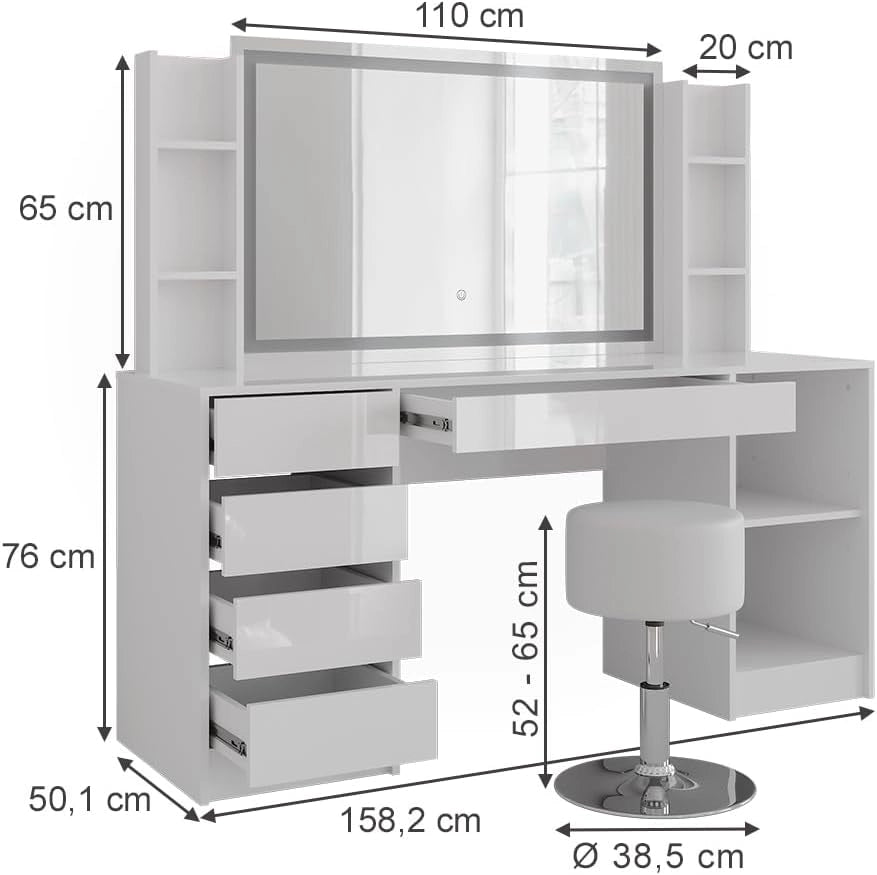Tavolo da toeletta Sherry, Bianco/bianco lucido, 158.2 cm 5 parti
