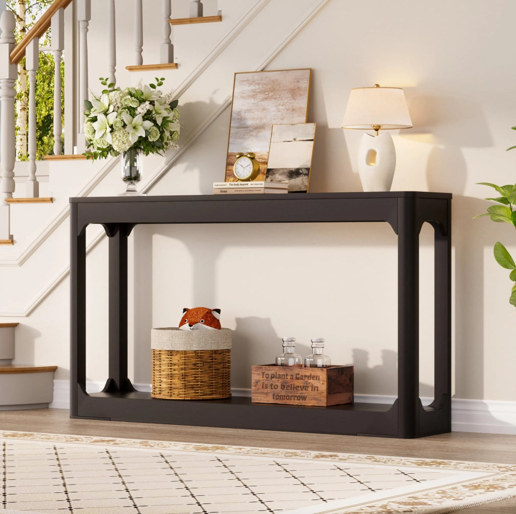 Tavolo consolle nero da 140 cm in MDF con ripiani aperti