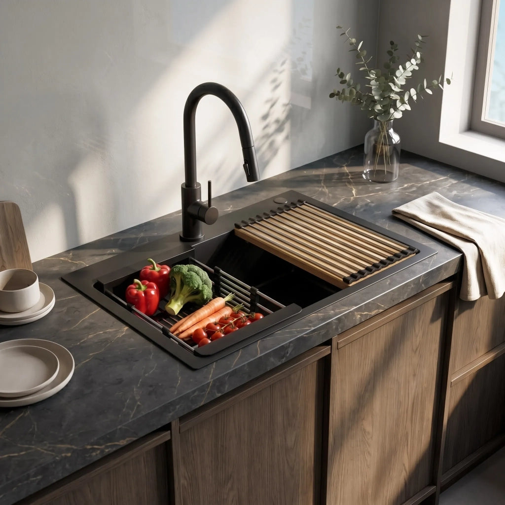 Lavello In Acciaio Con Set Di Accessori 3 Pz. Rea Liam Black Accessori beige