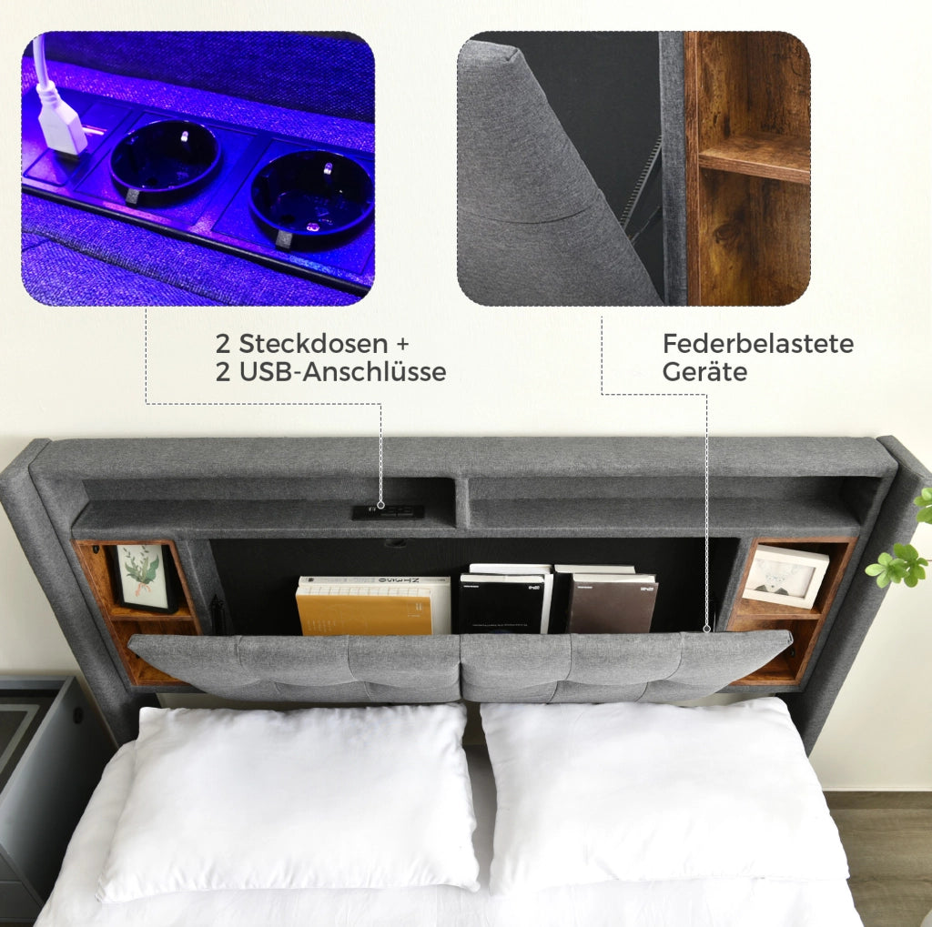 Letto imbottito 140x200 cm grigio con LED, USB, presa e materasso